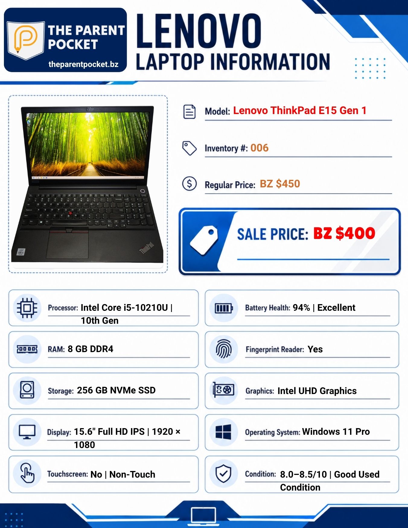 Specifications for Lenovo ThinkPad E15 Gen 1 – 10th Gen Intel Core i5, 8GB RAM, 256GB SSD